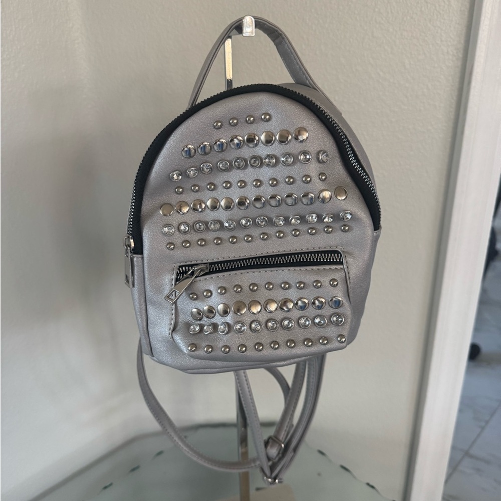 OLIVIA MILLER Silver Metallic Studded Faux Leather Mini Backpack NWOT